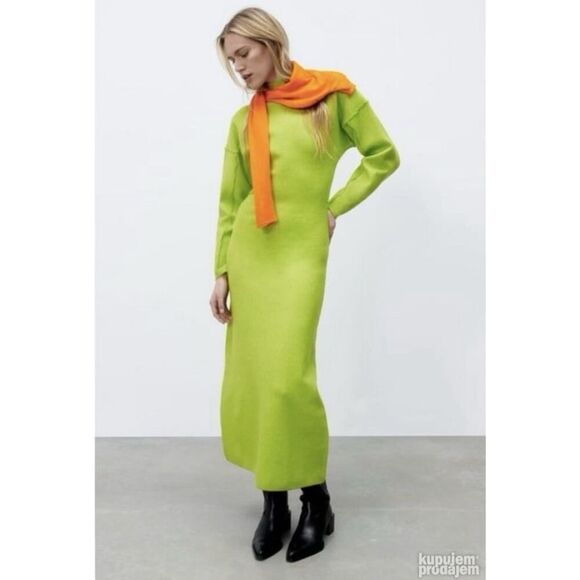 ZARA Neon Green Wool Viscose Blend Knit Midi Dress Long Sleeve Bodycon L - Picture 2 of 11
